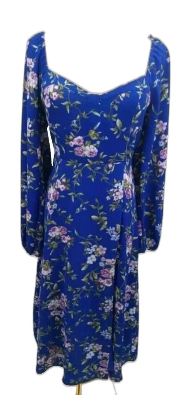 Forever 21 Women's Floral Print Midi Length Dress VNeck Long Sleeve Blue S New